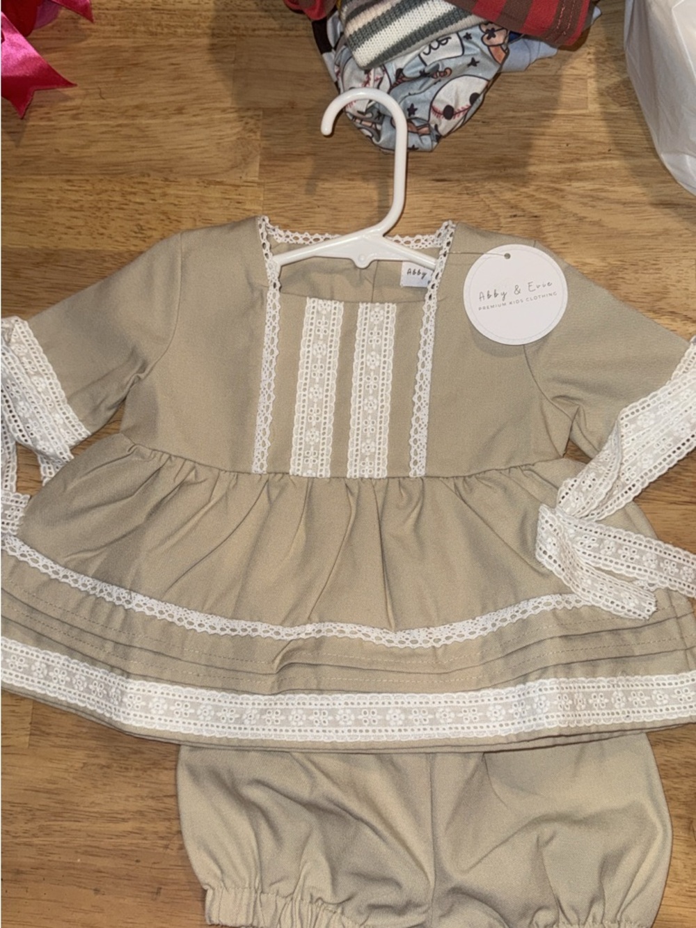 Abby & Emme Beige Lace Trim Baby Dress Set